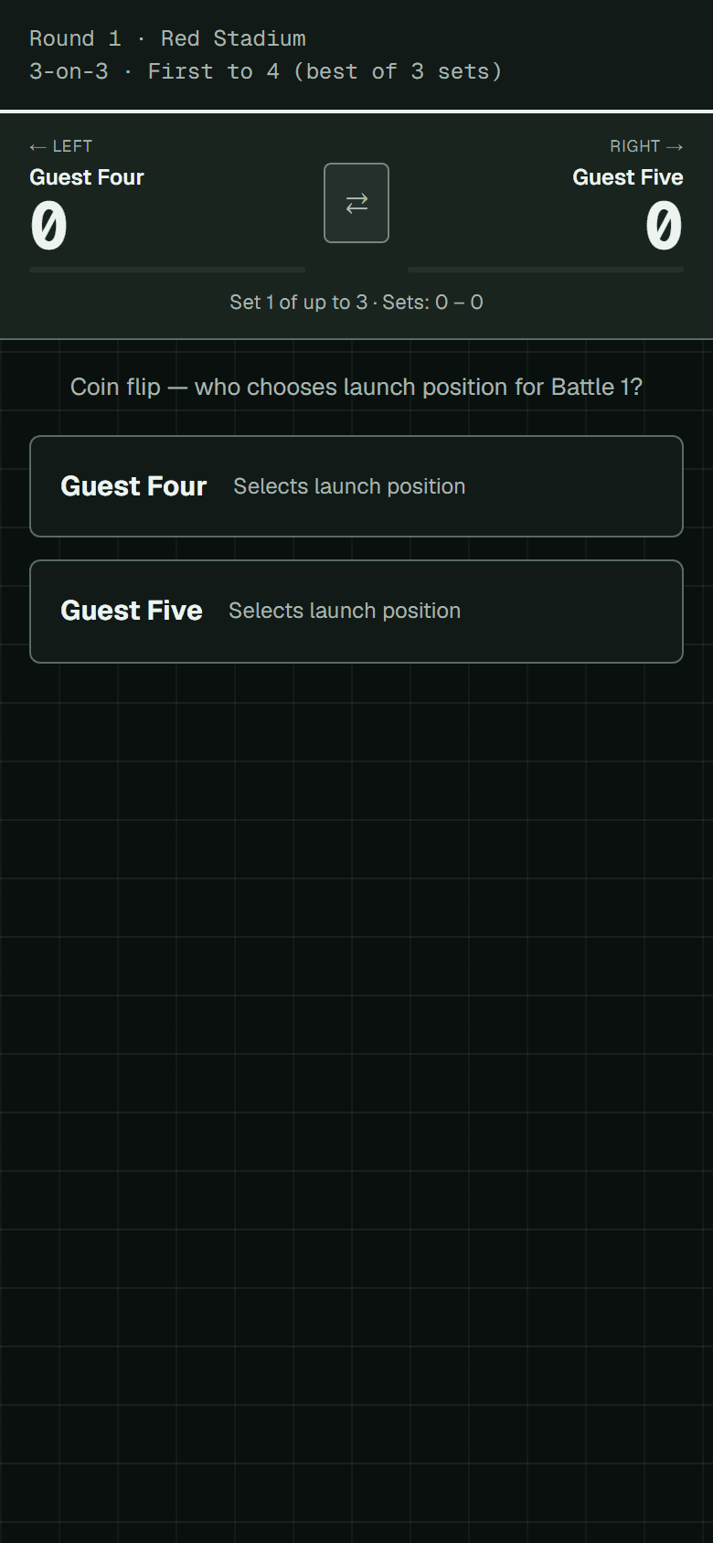 The coin flip screen asking who chooses launch position for battle one, with a button for each player.