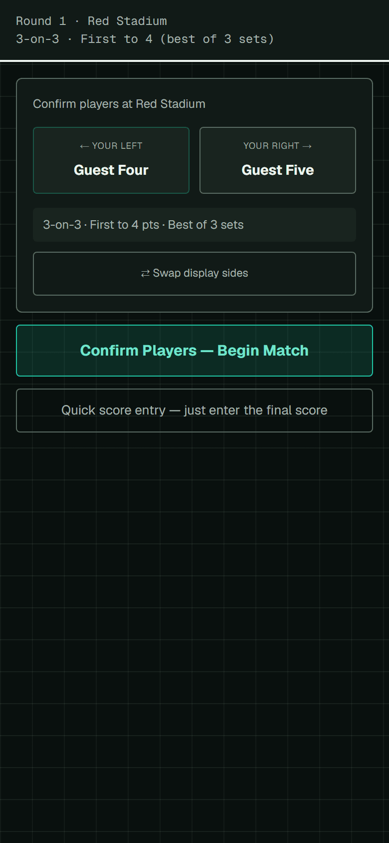 The first judging screen, showing the two players on the left and right of Red Stadium with a Confirm Players button beneath.