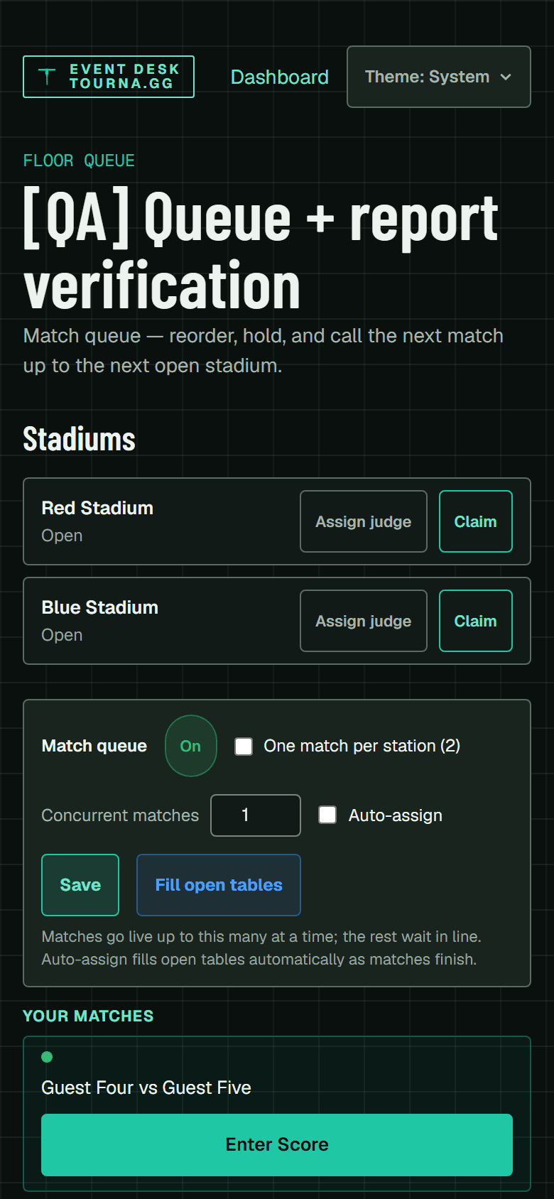 The judging board showing five stadiums, each with the judge currently on it and a button to claim or queue for it.
