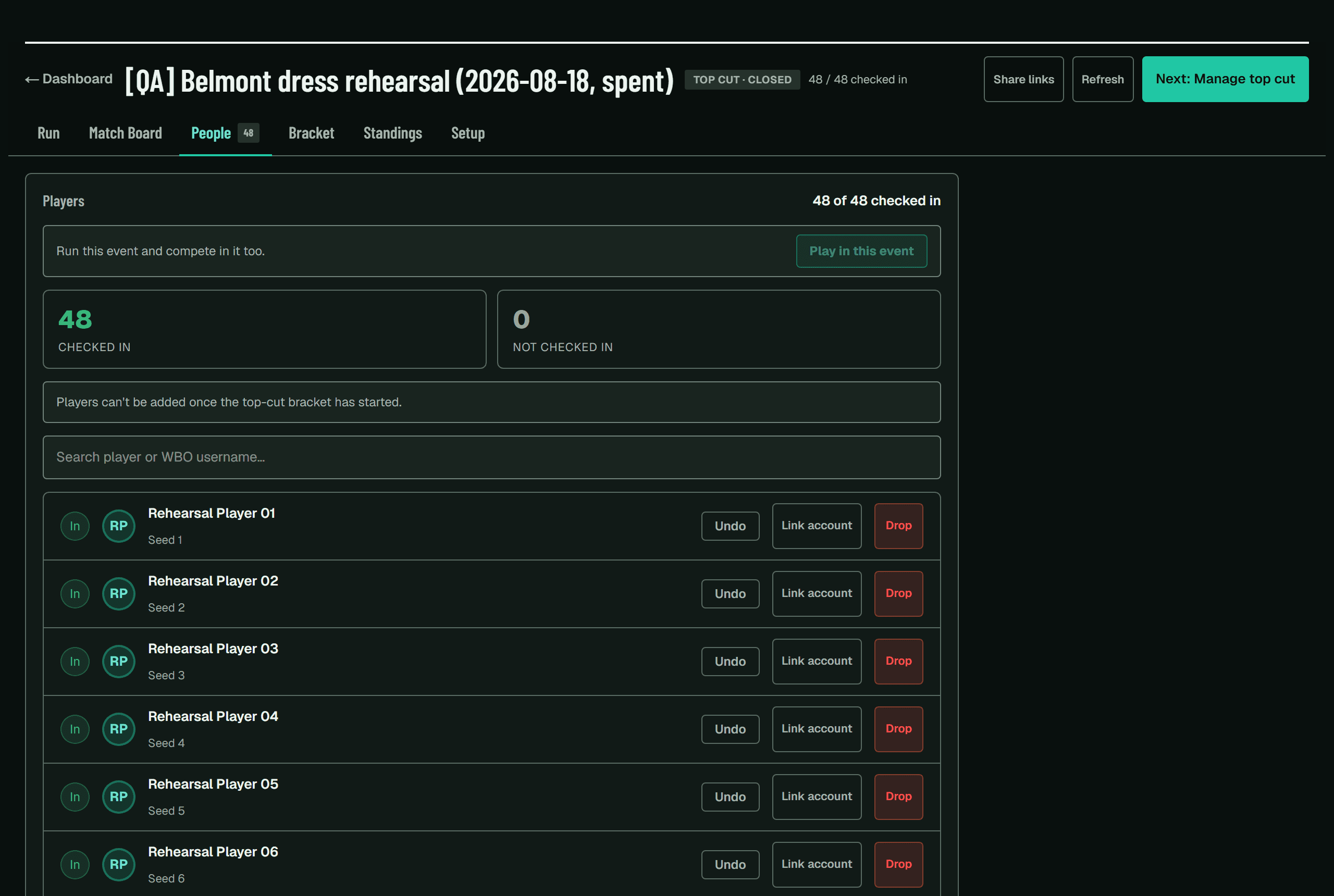 The organizer console People tab listing players with their check-in state and a Check in all button.