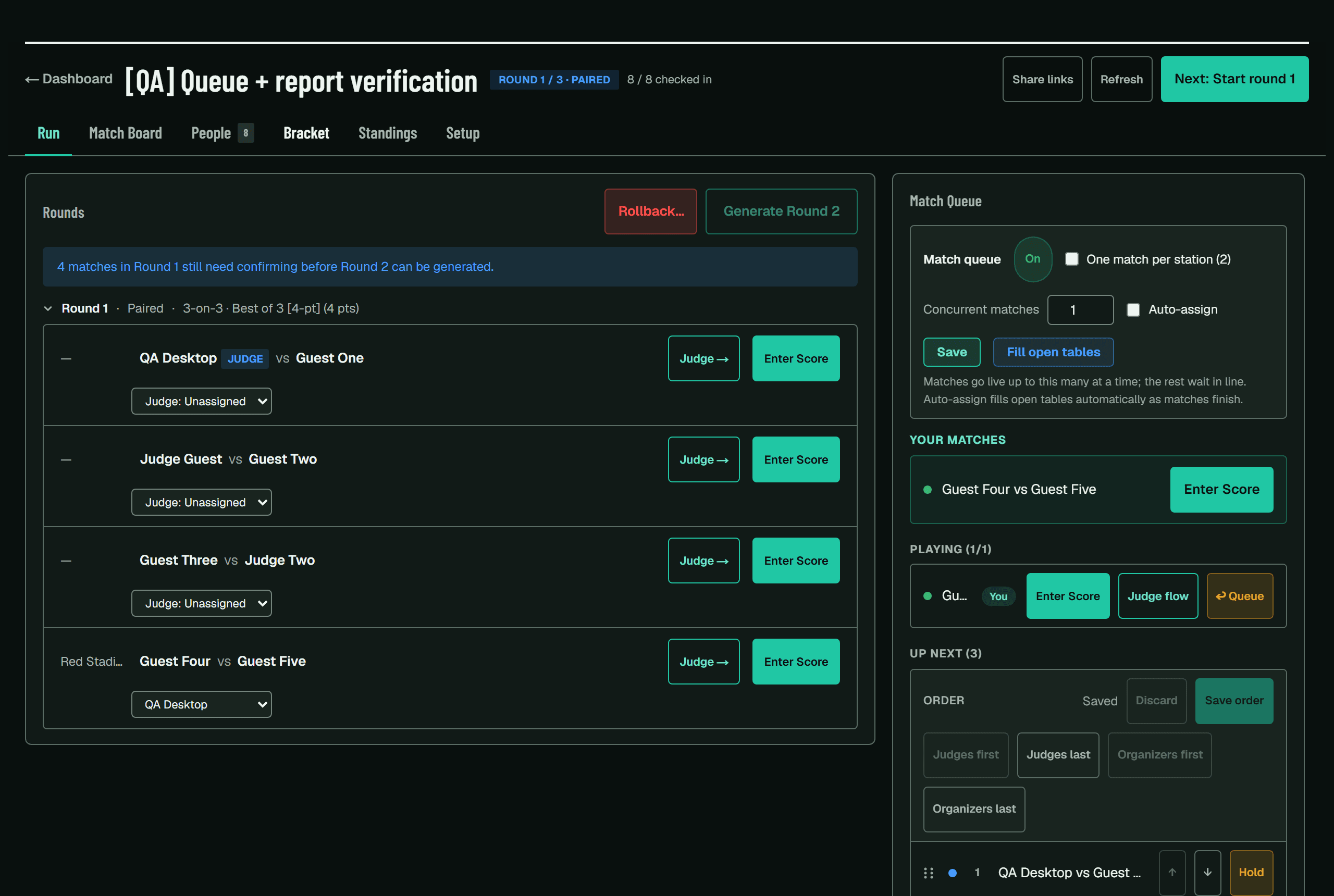 The match queue panel with ordering buttons for judges and organizers and an unsaved-changes indicator.