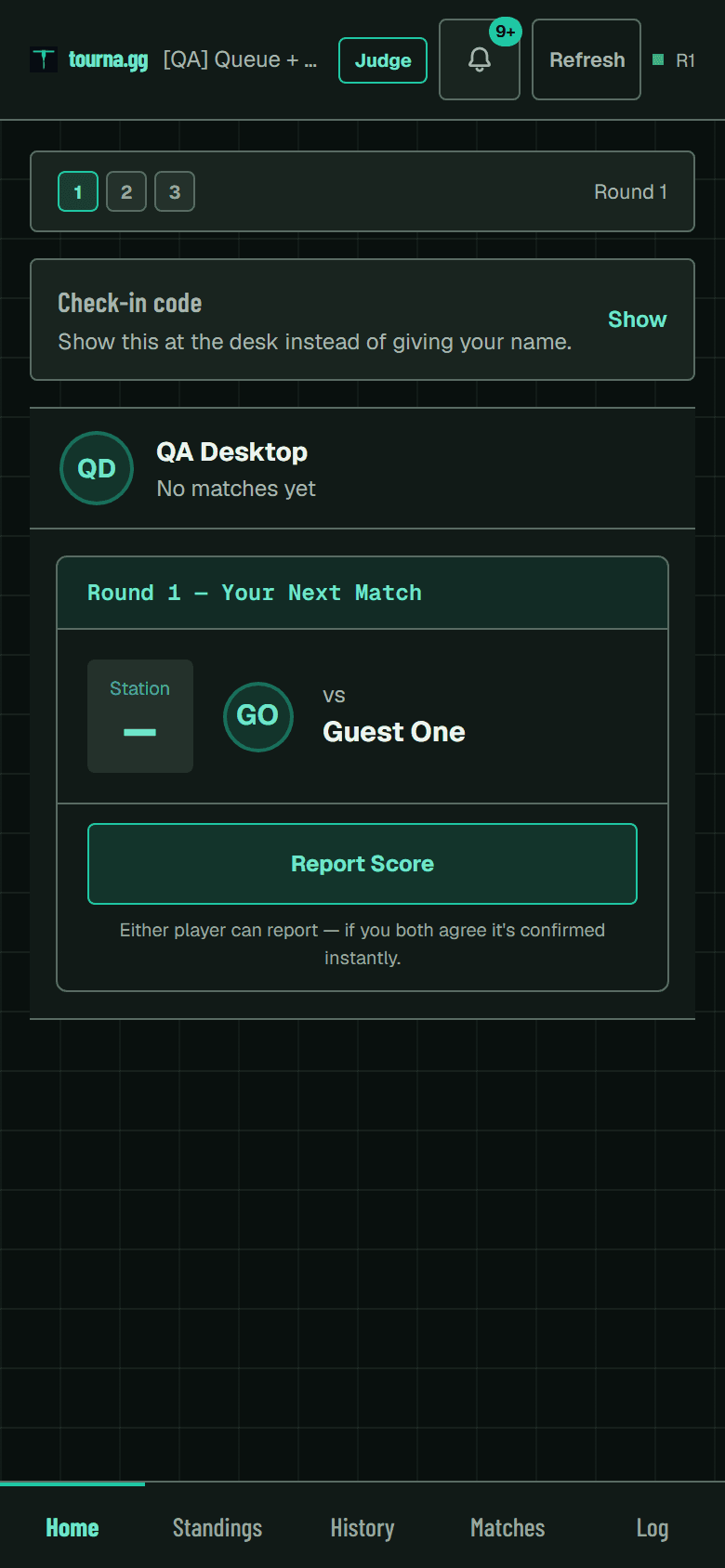 The player's event screen showing a scannable check-in code with the instruction to show it at the desk.